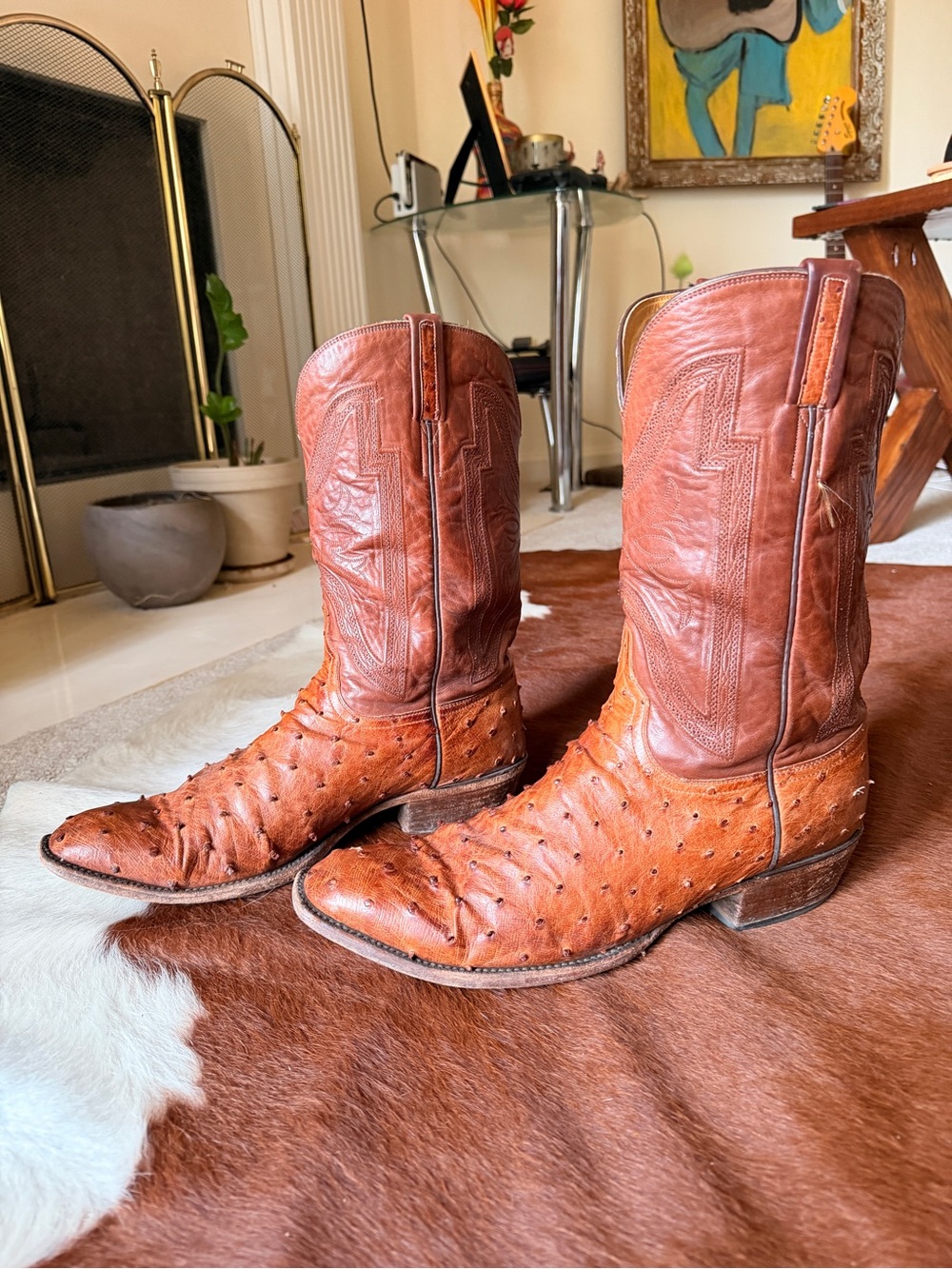 Lucchese Luke Barnwood Ostrich Tan Cowboy Boots size 13